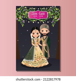 Una pareja linda con un personaje de dibujos animados tradicionales de vestimenta india. Tarjeta romántica de invitación a la boda