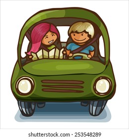 Two Smiling Kids Driving Car Cartoon Stock Vector (Royalty Free ...