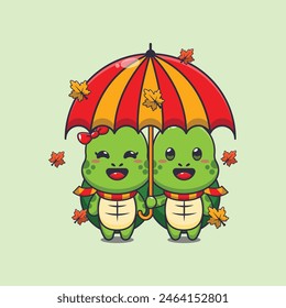 Linda pareja de tortugas con paraguas en la temporada de otoño. Ilustración vectorial de dibujos animados de la mascota conveniente para el póster, folleto, Web, mascota, etiqueta engomada, logotipo e icono.