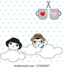 Cute Couple And Two Cups Of Coffee In Heaven paper note illustration