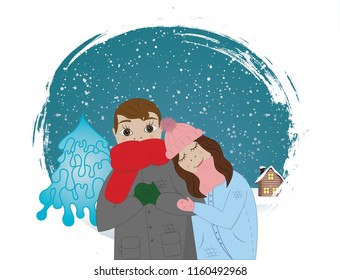 Cute couple under snowflakes