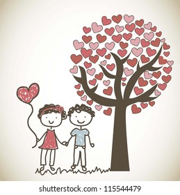 cute couple under tree cartoon, vintage. vector illustration