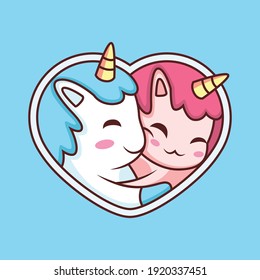 Cute Couple Unicorn Cartoon. Animal Icon Illustration Isolated on Blue Background