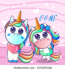 cute couple unicorn cartoon. Can be used for baby t-shirt print, fashion print design, kids wear, baby shower celebration greeting and invitation card. - Vector