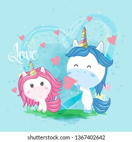 cute couple unicorn with hearts. Can be used for baby t-shirt print, fashion print design, kids wear, baby shower celebration greeting and invitation card. - Vector