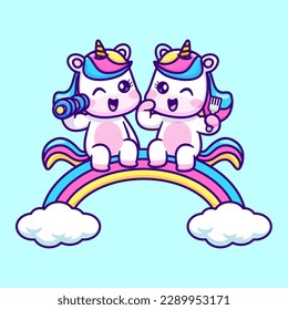 Cute Couple Unicorn Lifting Dumbbell With Fork On Rainbow Cartoon Vector Icon Illustration. Animal Sport Icon Concept Isolated Premium Vector. Flat Cartoon Style