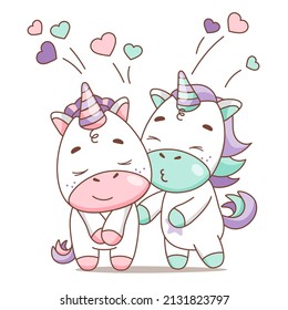 Cute couple of unicorns in love kissing. Element for print, postcard and poster. Vector illustration