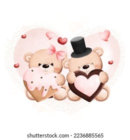 Cute couple valentine bears. Watercolor illustration. Great for card and greetings.