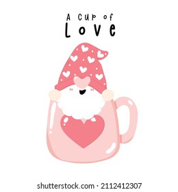 cute couple Valentine Gnomes in pink lovely cup of love heart shape coffee flat vector cartoon illustration