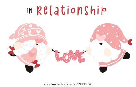 cute couple Valentine Gnomes in relationship holding love text garland flag, flat vector cartoon hand drawn 