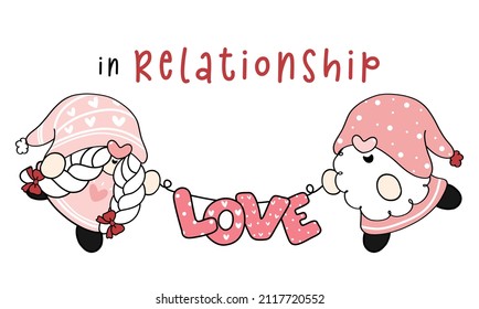 cute couple Valentine Gnomes in relationship holding love text garland flag, flat vector cartoon drawing outline