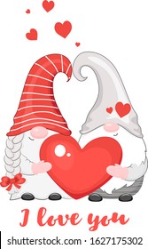 Cute couple of valentine gnomes. Vector illustration. Isolated on white background.