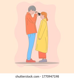 Ilustración de un vector par de cucharas. Un niño que toma una foto con su novia usa una cámara. Estilo dibujado a mano.
