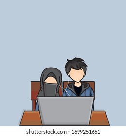 Cute Couple, Veil character Vector Illustration Watching laptop. Romantic