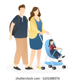 cute couple walk around pushing a baby stroller. outdoor family scenes, good parenting, good nurturing, bonding, trust and support between parents and children. flat vector illustration