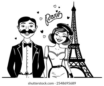 Cute couple walking near Eiffel tower. Vector black and white illustration in retro style. Love in Paris.