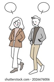 Cute couple walking side by side and chatting. Portrait of young man and woman walking along street and talking to each other. Happy young couple have pleasant talk while walking together.