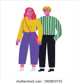 Cute couple walking together. Hand drawn vector colorful funny cartoon style illustration. 