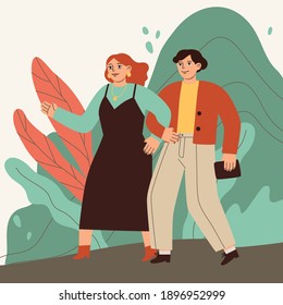 Cute couple walking together holding hands in the park or outdoor. Hand drawn vector colorful funny cartoon style illustration. 