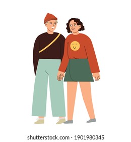 Cute couple walking together holding hands  Hand drawn vector colorful funny cartoon style illustration. 