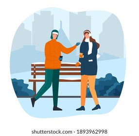 Cute couple are walking in a winter park and drinking hot coffee. Man and woman in colorful clothes wearing warm clothes returning home from skating rink. Flat cartoon vector illustration