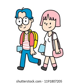 cute couple walking.Illustration vector