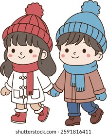 A cute couple wearing fur hats and scarves are walking together in winter. minimal line art vector illustration.