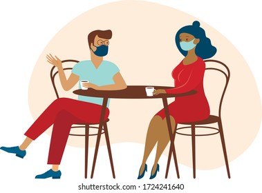 Cute couple wearing protective medical masks sitting at table, drinking tea or coffee and talking. New cafe visiting regulations during coronavirus COVID-19 outbreak. Quarantine and social distancing 