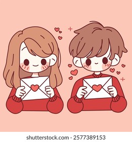 A cute couple wearing a red sweater is holding a love letter. vector illustration simple drawing style