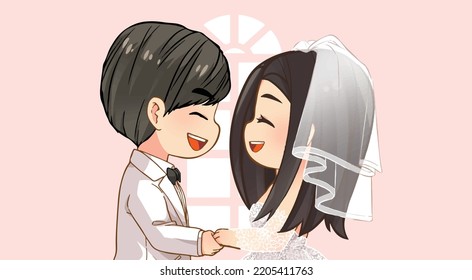 Cute Couple Wedding en estilo anime. Novia con vestido de novia con viel y Groom con Tuxedo blanco. Hermoso en blanco, en un momento feliz, en una relación, Caricatura vectorial Ilustración. Dibujo a mano alzada