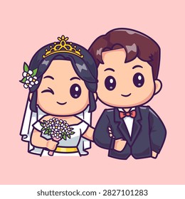 Cute Couple Wedding Cartoon Vector Icon Illustration. People Love Icon Concept Isolated Premium Vector. Flat Cartoon Style