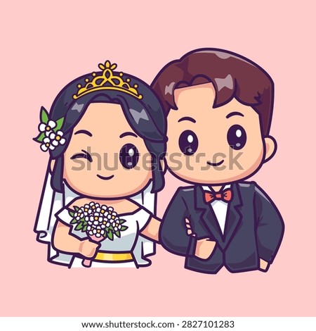 Cute Couple Wedding Cartoon Vector Icon Illustration. People Love Icon Concept Isolated Premium Vector. Flat Cartoon Style