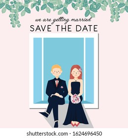 Cute Couple Wedding Invitation Save the Date Template sitting in Window under foliage