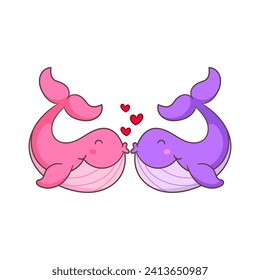 Dibujo vectorial de una pareja de ballenas. Diseño de concepto animal adorable y kawaii. Mamíferos acuáticos submarinos. Fondo blanco aislado.
