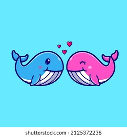 Cute Couple Whale With Love Cartoon Vector Icon Illustration. Animal Love Icon Concept Isolated Premium Vector. Flat Cartoon Style