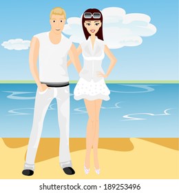 Cute couple in white clothes standing by the sea