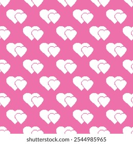 Cute couple white heart vector pattern, pink background. Simple pixel style heart design. Valentine's Day vector pattern.
