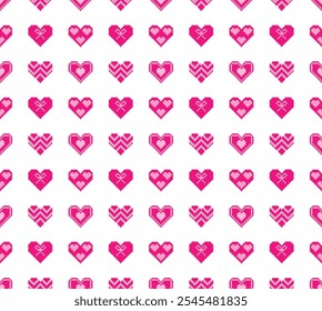 Cute couple white heart vector pattern, pink background. Simple pixel style heart design. Valentine's Day vector pattern.
