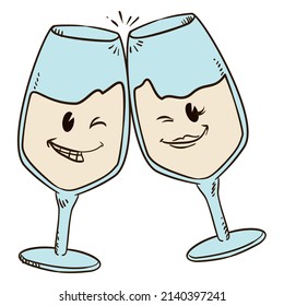 Cute couple of wine glasses, winking at you and doing a celebratory toast. Design in hand drawn and retro style.