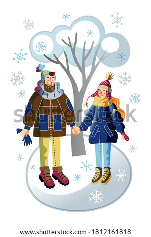 Cute couple in winter time. Romantic man holding hand woman under tree, it is snowing snowflakes. Family pastime outdoor together. Change of year seasonal concept. Vector character illustration