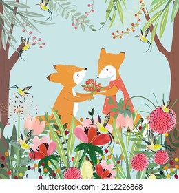 Cute a couple wolf fox in flower garden cartoon