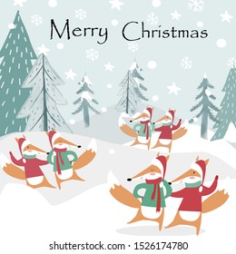 Cute a couple wolf fox having fun in forest on christmas day,illustration vector doodle comic art.