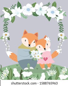 Cute a couple wolf fox  in white flower garden,illustration vector doodle comic art.