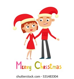 Cute couple woman and man in cartoon style isolated on white. Vector greeting card or poster for Christmas with happy husband and wife in santa costume.