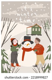 Cute couple, young man and woman making snowman outdoor. Winter wonderland. Merry Christmas and winter season holidays greeting card, poster vector illustration. a4 vertical format. Flat cartoon style