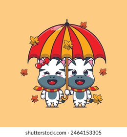 Cute couple zebra with umbrella at autumn season. Mascot cartoon vector illustration suitable for poster, brochure, web, mascot, sticker, logo and icon.