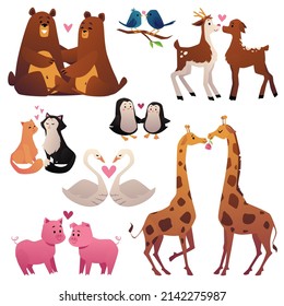 Cute couples of animals in love cartoon characters, flat vector illustration isolated on white background. Collection of loving animals for Valentines Day.