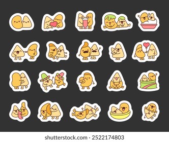 Cute couples chips and nachos. Sticker Bookmark. Friends cartoon characters. Hand drawn style. Vector drawing. Collection of design elements.