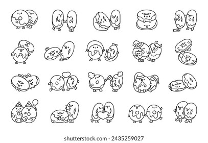 Lindas parejas donuts amistad. Página para colorear. Donuts abrazados, sentados juntos personajes de dibujos animados. Estilo dibujado a mano. Dibujo vectorial. Colección de elementos de diseño.