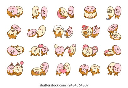 Lindas parejas donuts amistad. Donuts abrazados, sentados juntos personajes de dibujos animados. Estilo dibujado a mano. Dibujo vectorial. Colección de elementos de diseño.